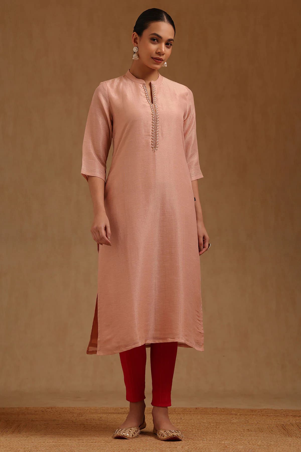 Women's Orange Viscose Blend Solid Kurta with Pearl