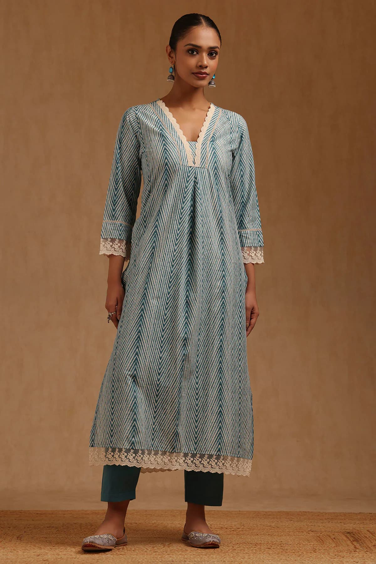 Women's Blue Cotton Chevron Printed Kurta Set