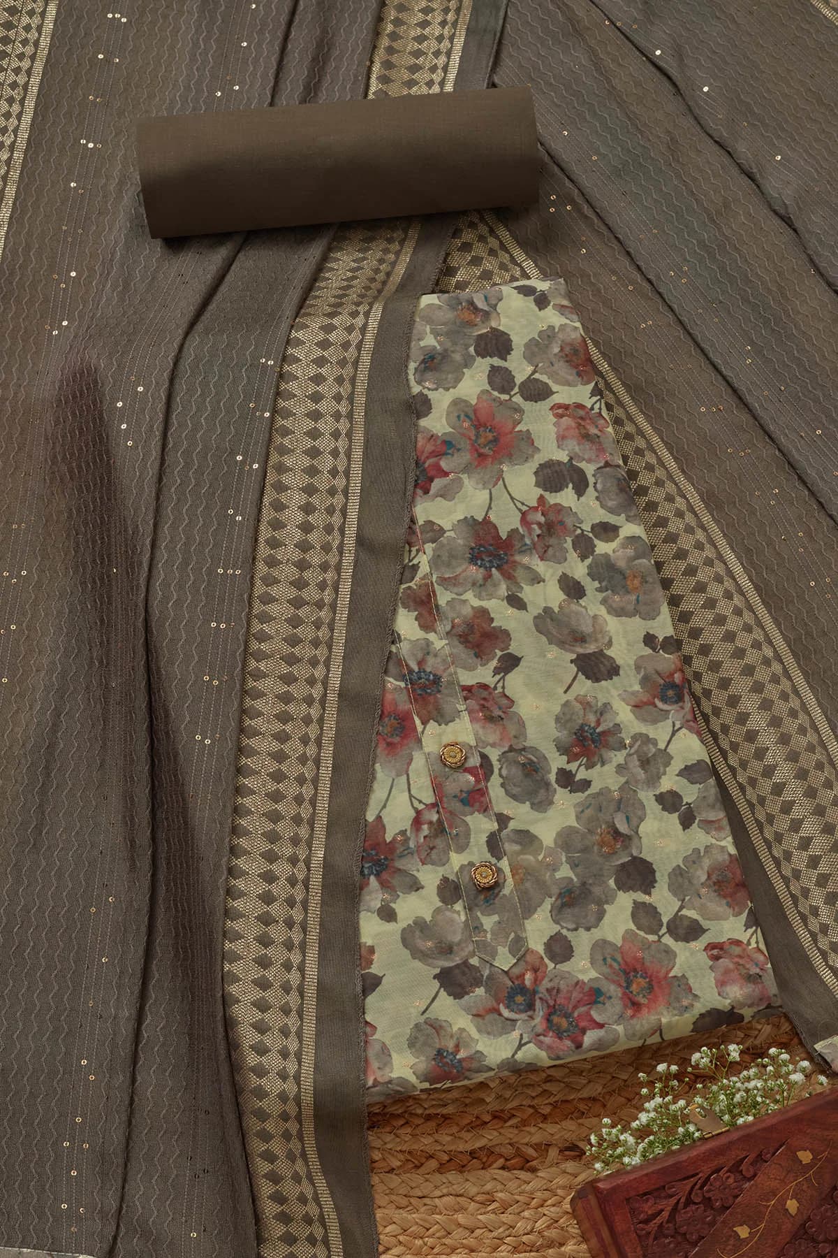 Women's Cream Chanderi Floral Print Unstitched Dress Material