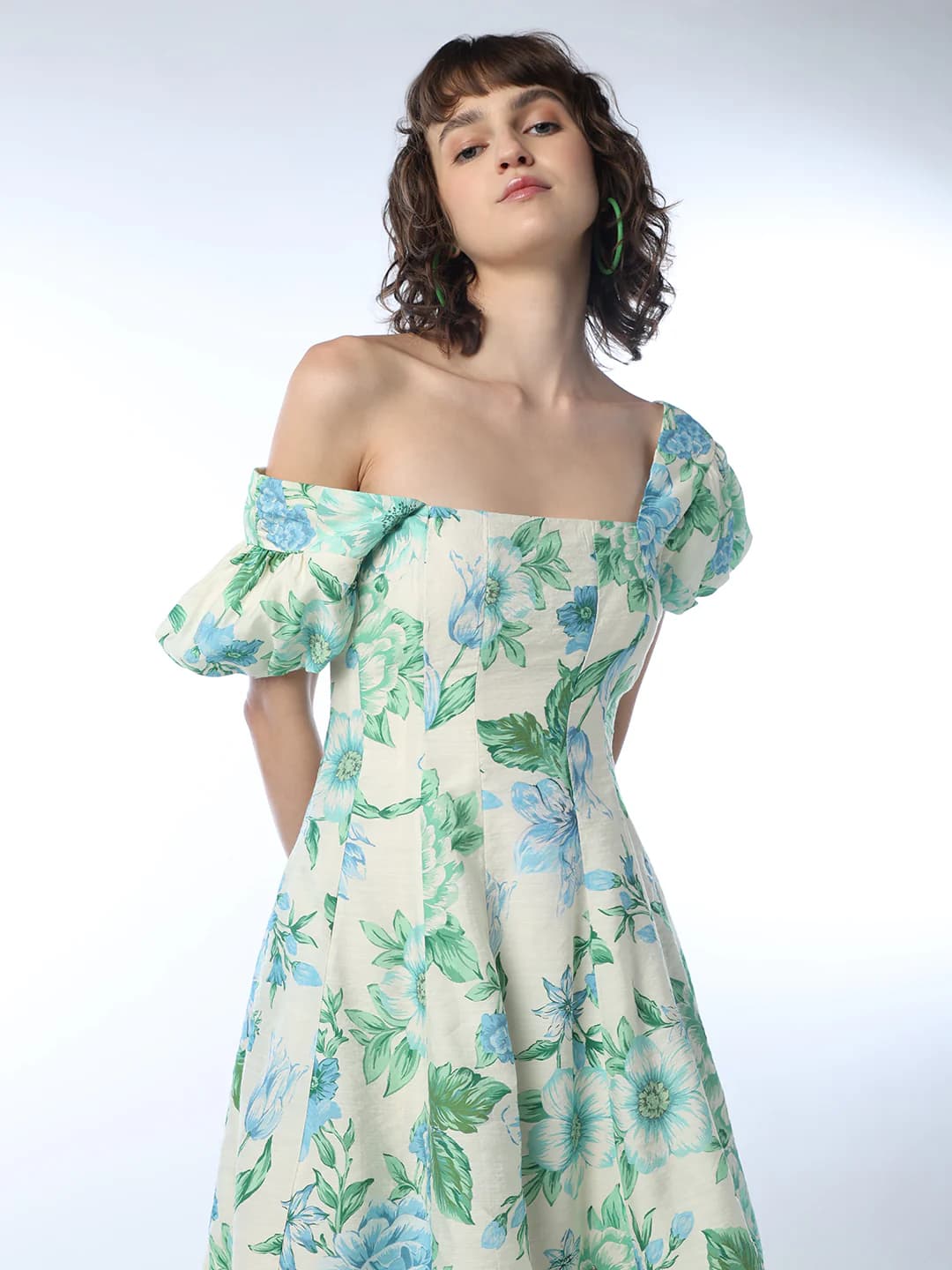 Women's Green Casual Half Sleeves Floral Dress