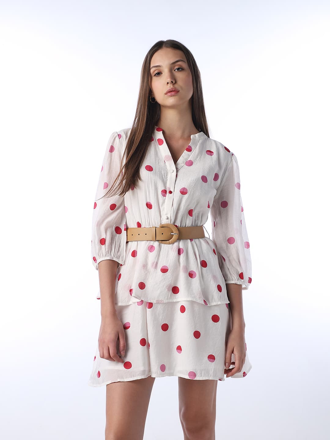 Women's White Casual Three Quarter Sleeves Polka Dot Dress