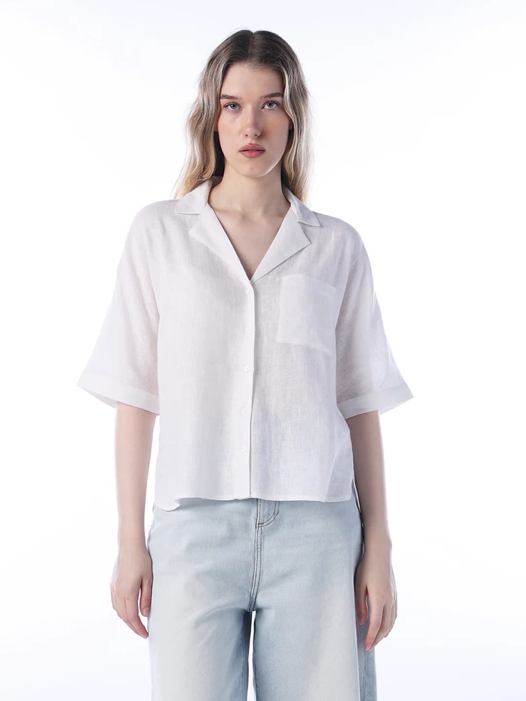 Women's White Casual Solid Half Sleeves Shirt