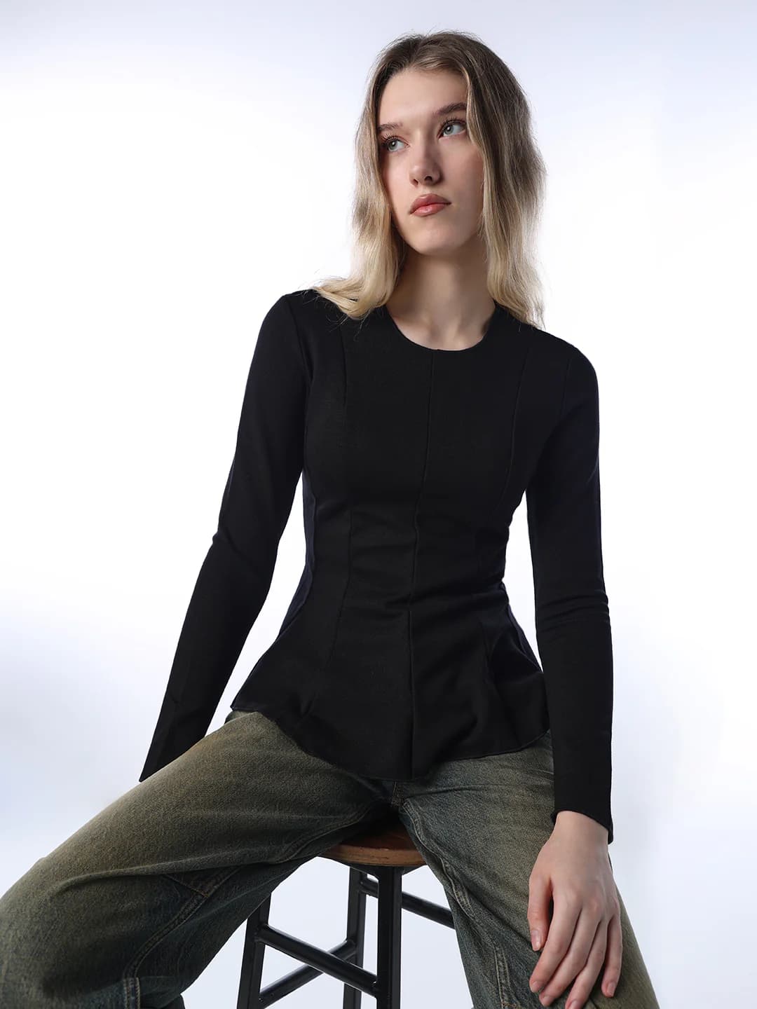 Women's Black Casual Solid Full Sleeves Top