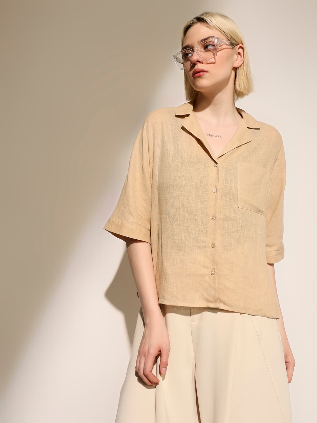 Women's Beige Casual Solid Half Sleeves Shirt