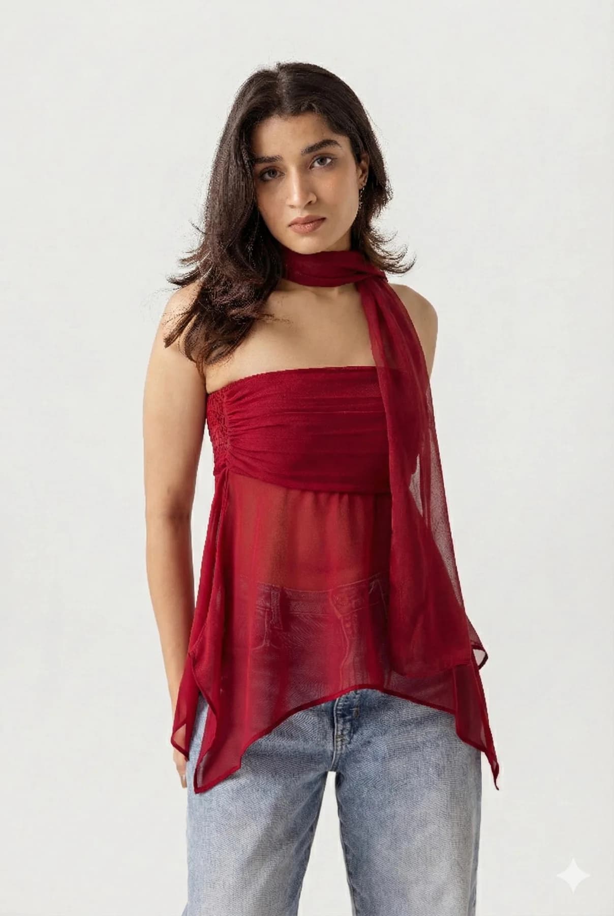 Women's Red Casual Solid Ruching Sleeveless Top