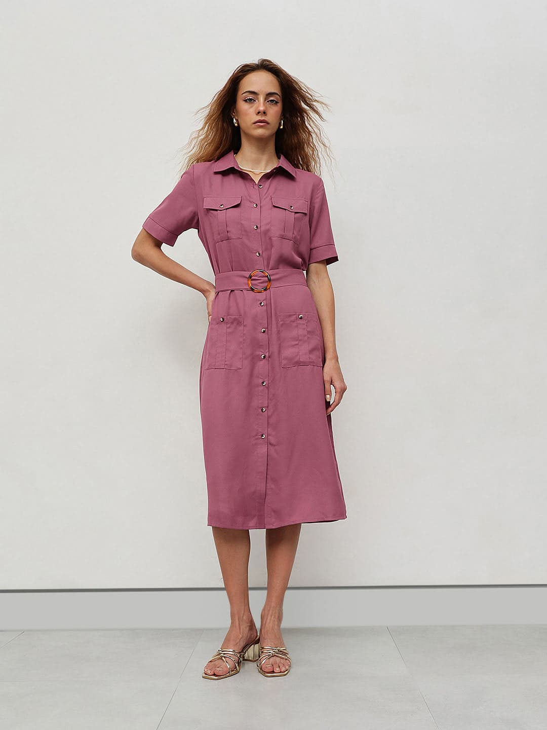 Women's Pink Casual Solid Below Knee Shirt Dress Dress