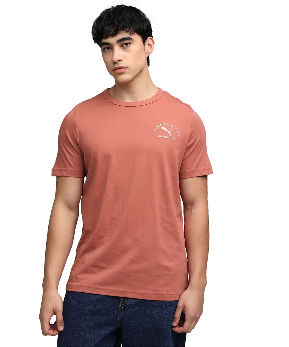 Men's Orange Casual Graphic Embroidered Cotton Tshirt