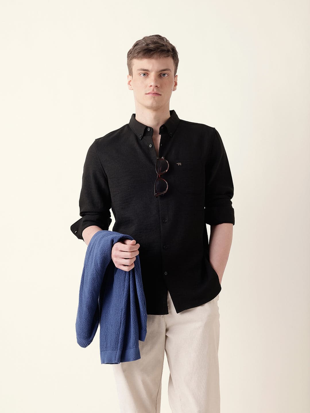 Men's Black Slim Fit Casual Shirt with Woven Textured Design