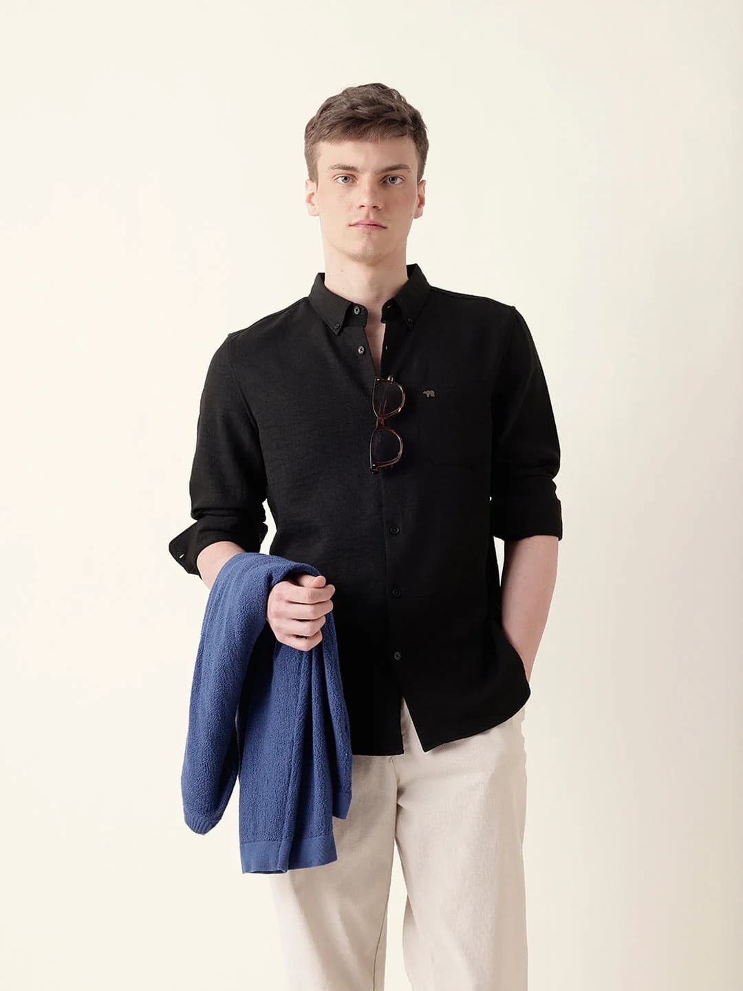Men's Black Slim Fit Casual Shirt with Woven Textured Design
