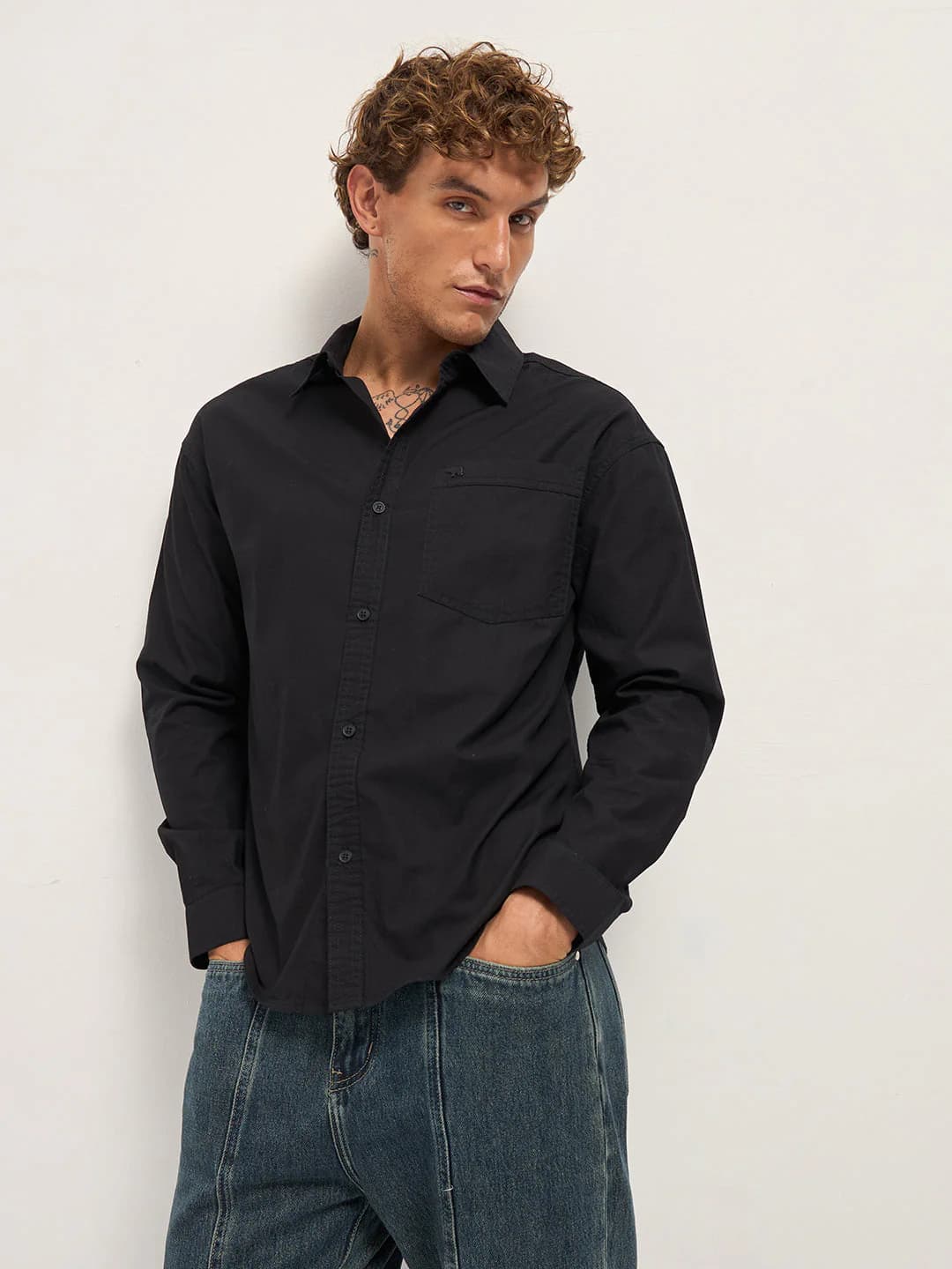 Men's Black Solid Relaxed Fit OverCotton Shirt