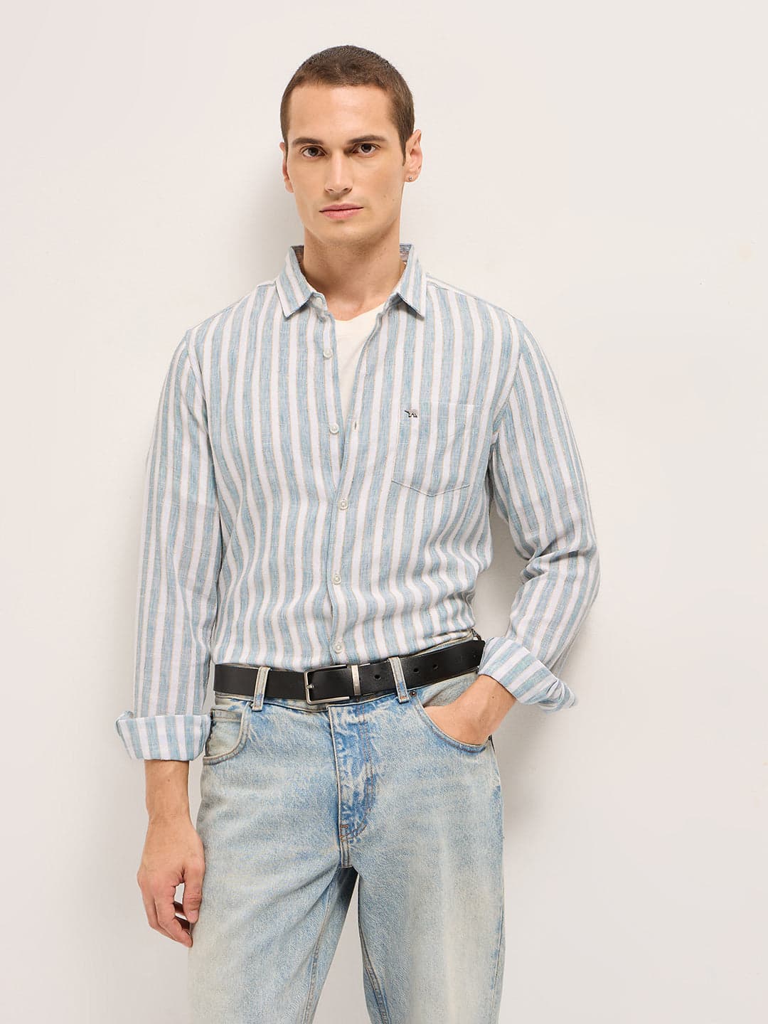 Men's Blue Slim Fit Casual Shirt with White Vertical Textured Stripes
