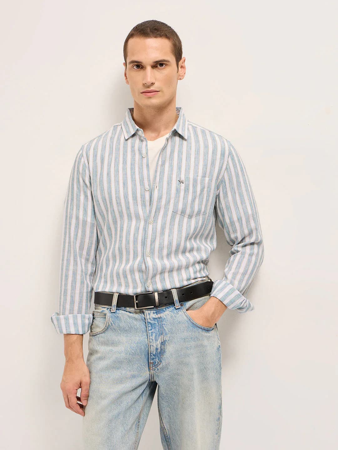 Men's Blue Slim Fit Casual Cotton Shirt with White Vertical Textured Stripes