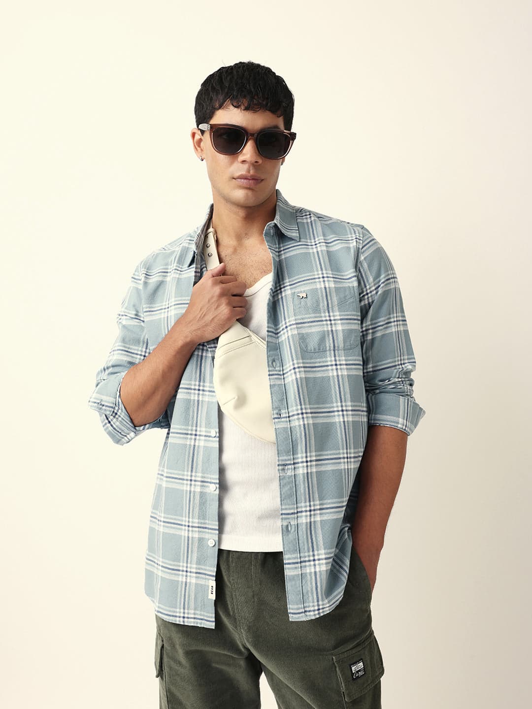 Men's Blue Woven Tartan Checked Slim Fit Casual Shirt