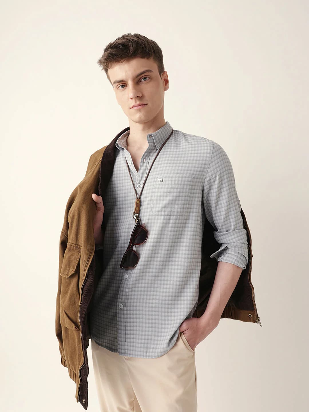 Men's Grey and Light Blue Woven Micro-Checked Slim Fit Casual Shirt