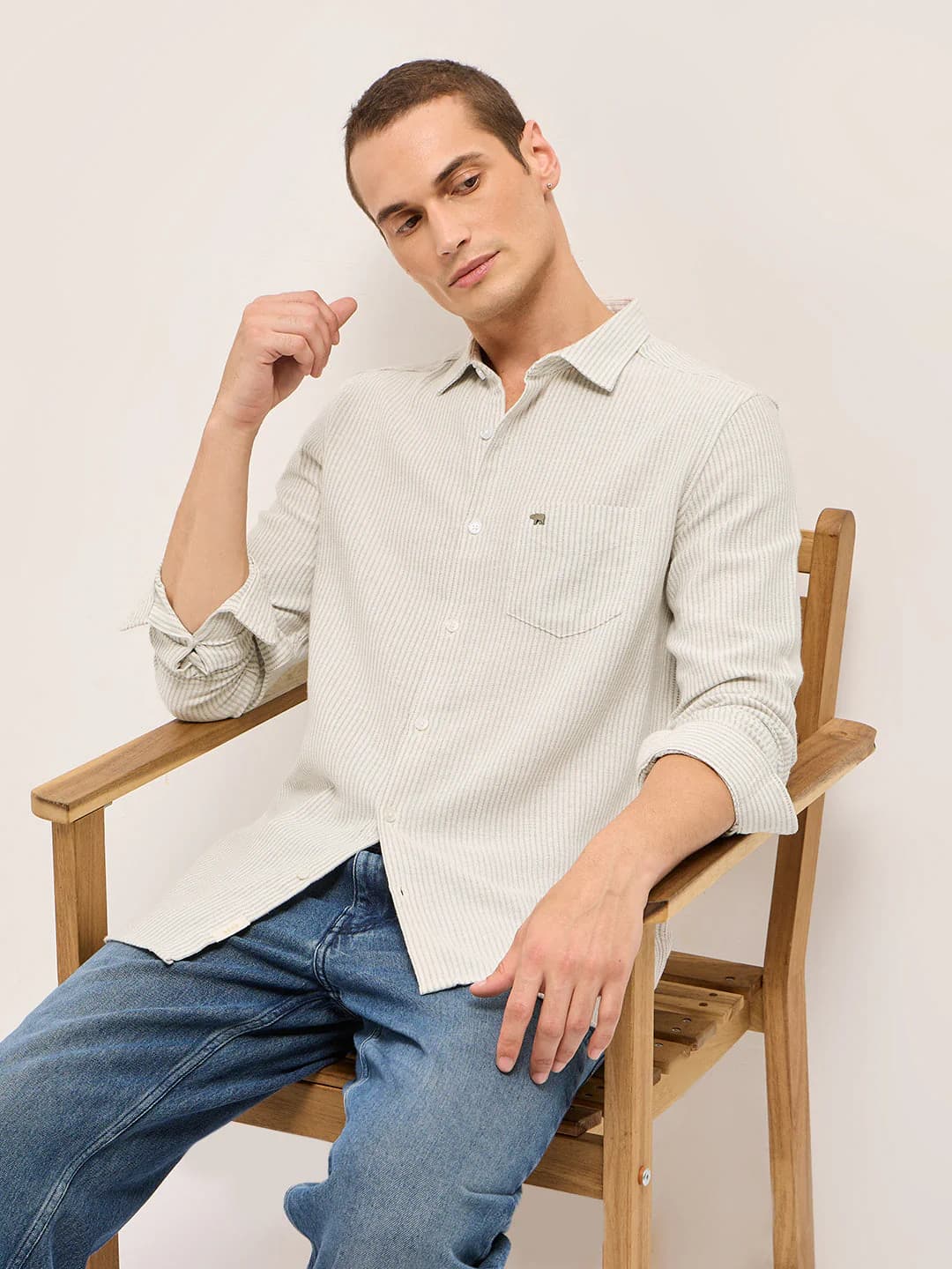 Men's Green Slim Fit Woven Pinstripe Casual Cotton Shirt