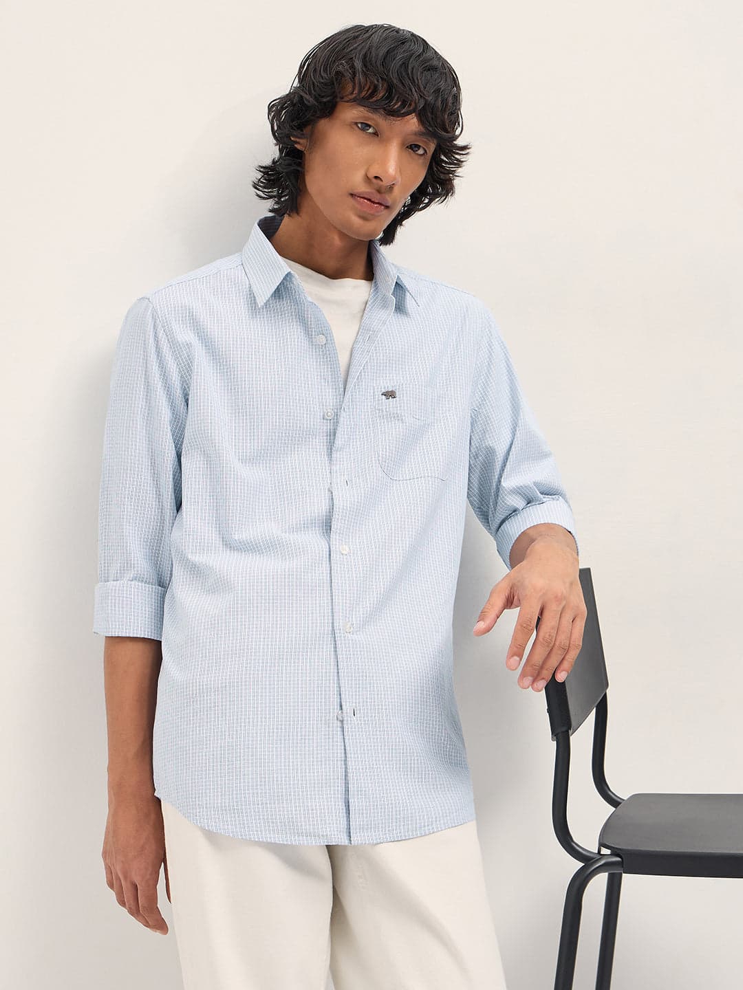 Men's Light Blue Woven Checked Slim Fit Casual Shirt