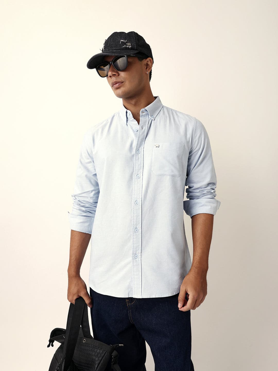Men's Light Blue Solid Slim-Fit Casual Shirt with Button-Down Collar