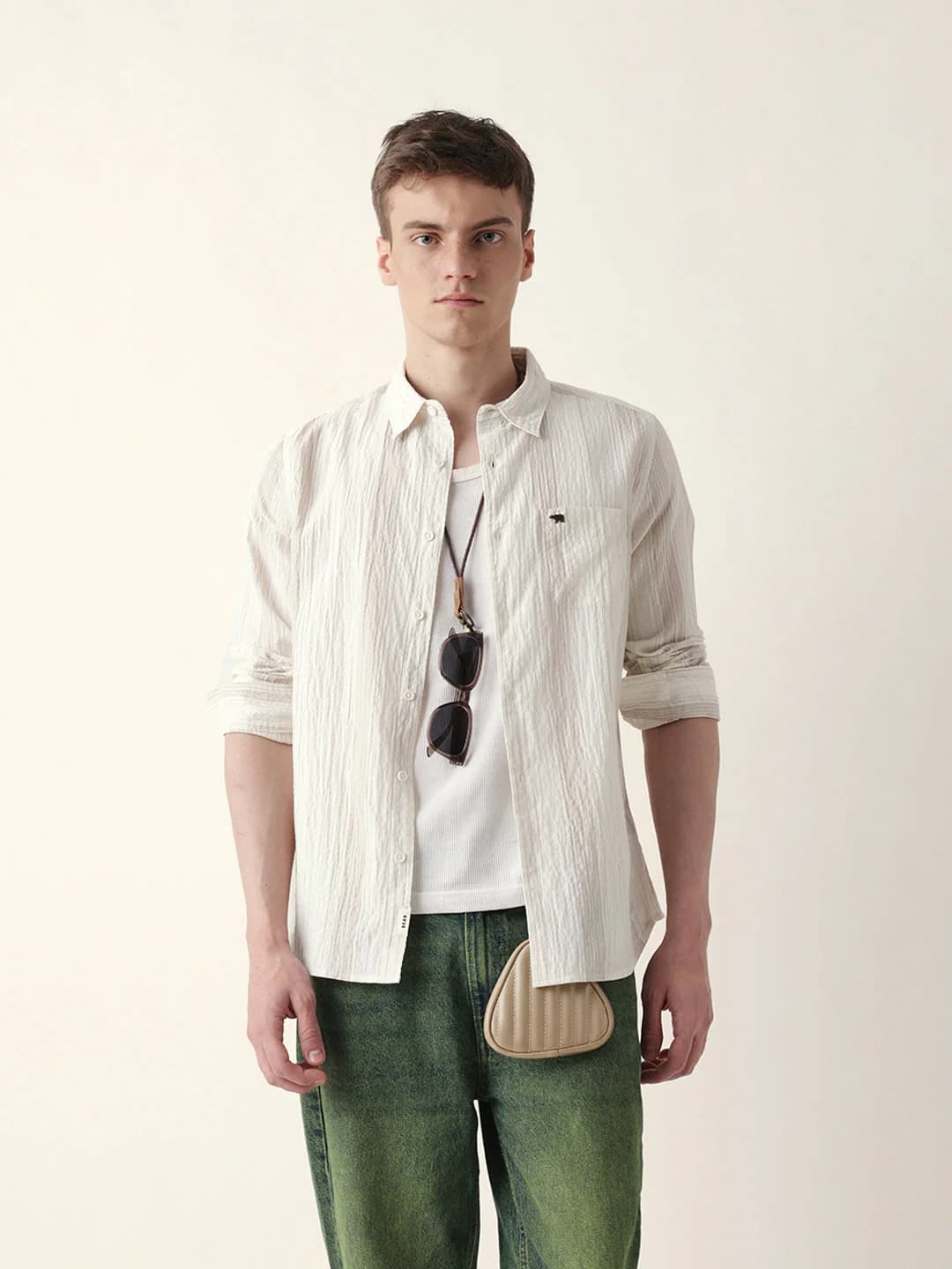 Men's White Crinkled Vertical Striped Slim Fit Casual Cotton Shirt