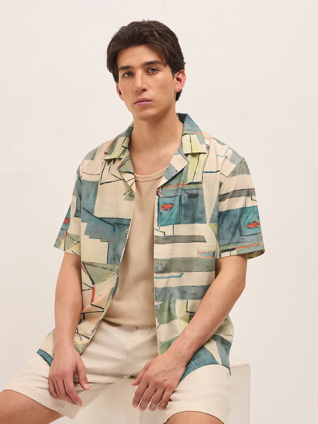 Men's Multicolor Relaxed Fit Cuban Collar Shirt with Abstract Geometric Print