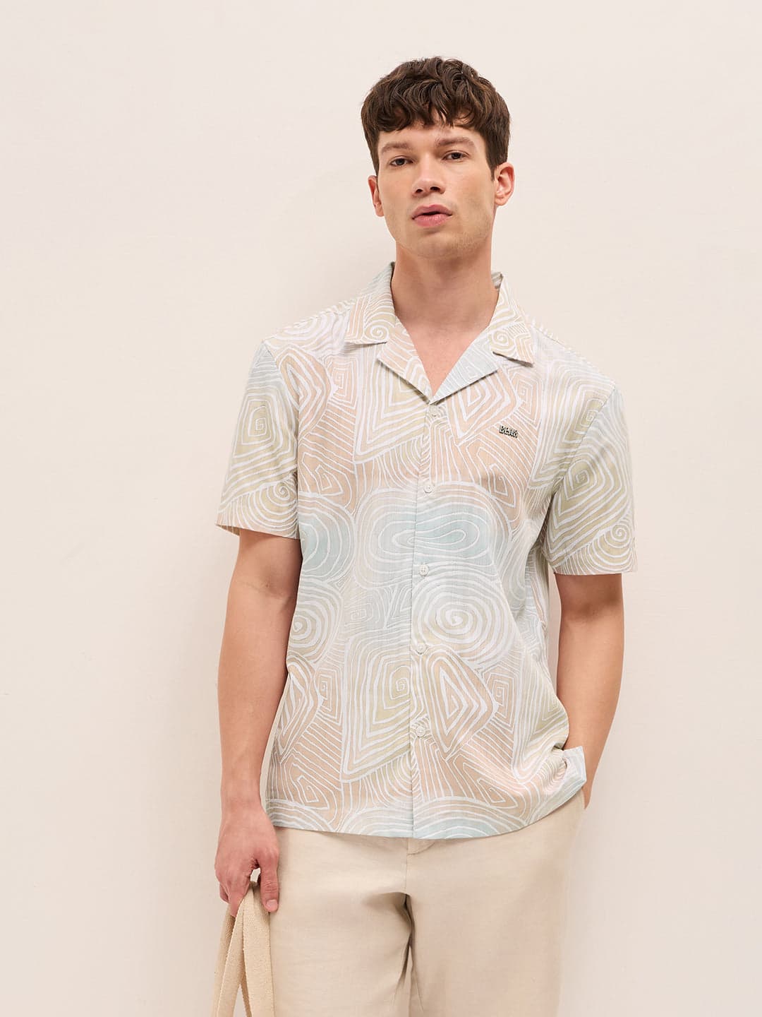 Men's Multicolor Geometric Abstract Print Relaxed Fit Cuban Collar Shirt