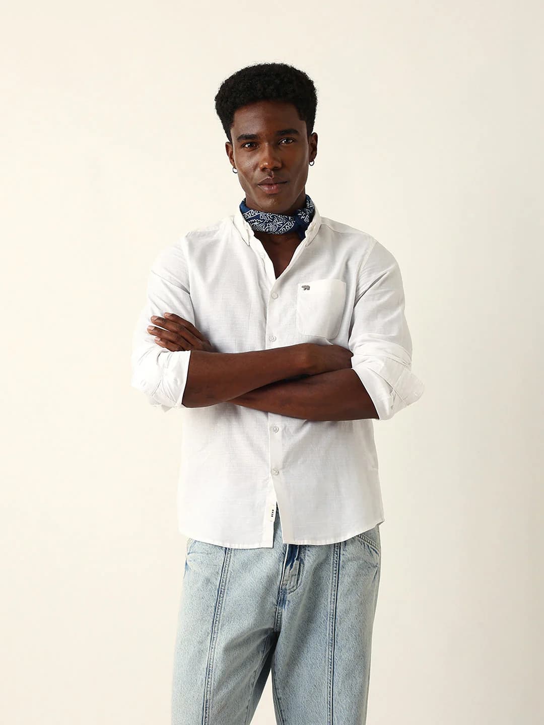 Men's White Woven Crosshatch Textured Slim Fit Casual Cotton Shirt