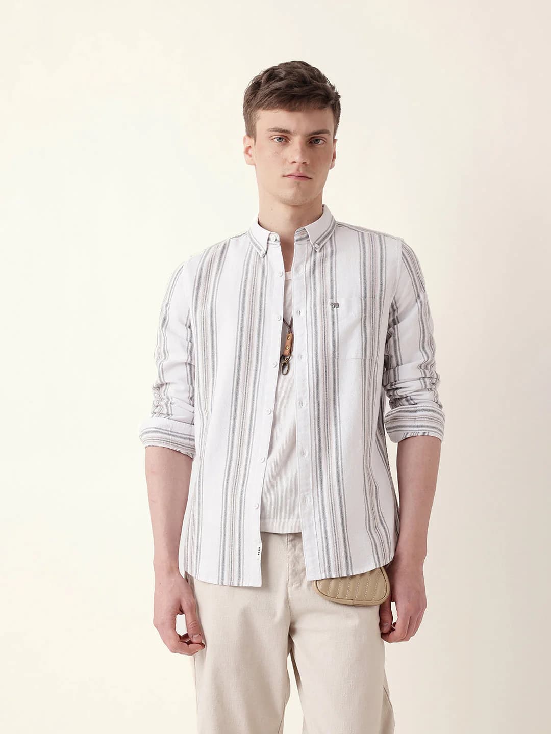 Men's White Vertical Woven Stripe Slim Fit Casual Cotton Shirt