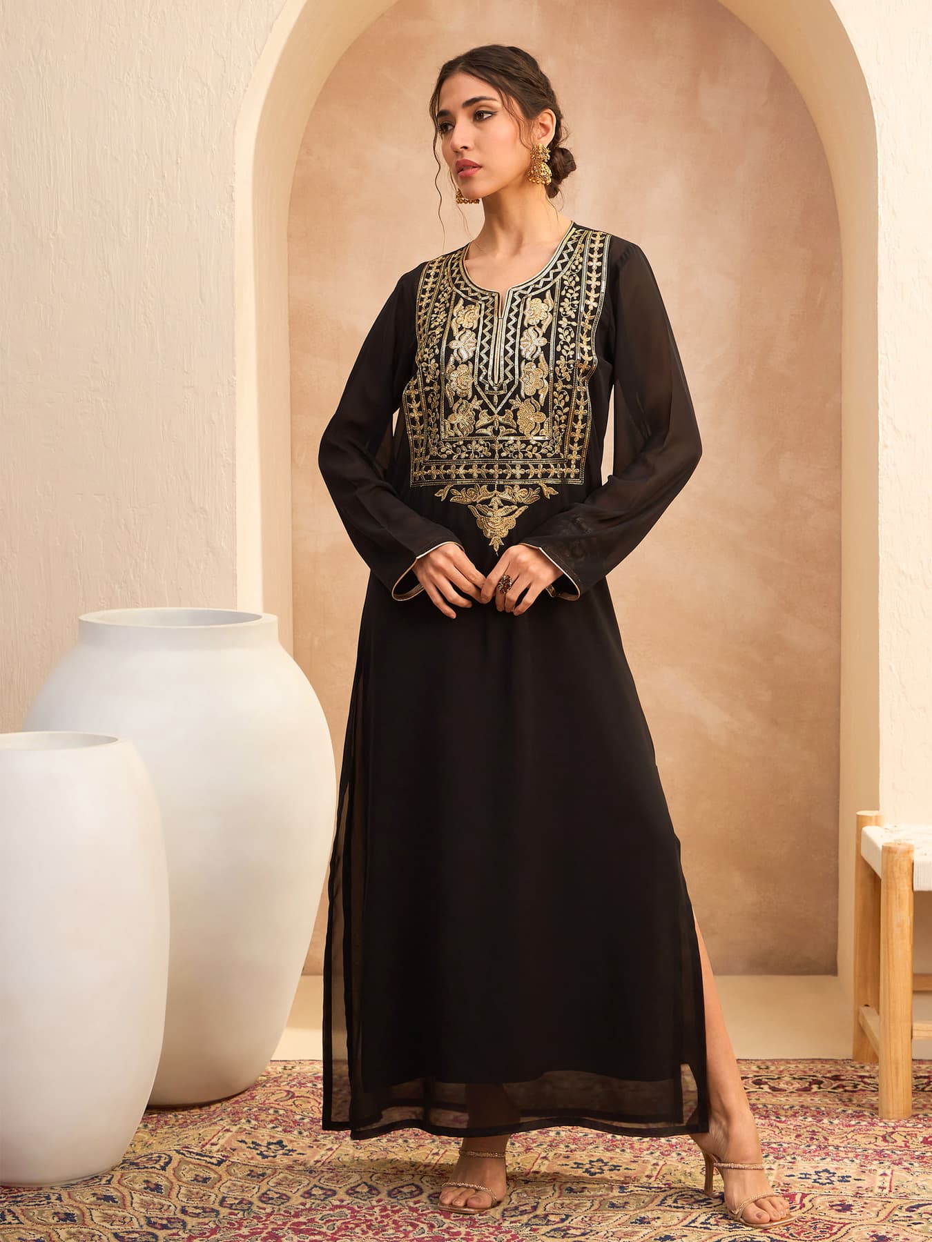 Women's Black Festive Embroidered Round Neck Abaya Dress