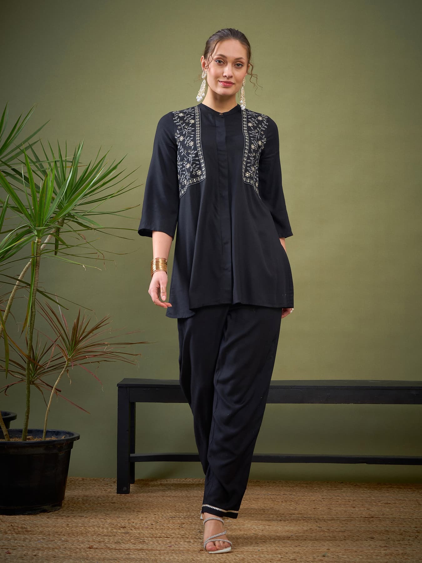 Women's Black Casual Yoke Embroidered Shirt With Palazzos