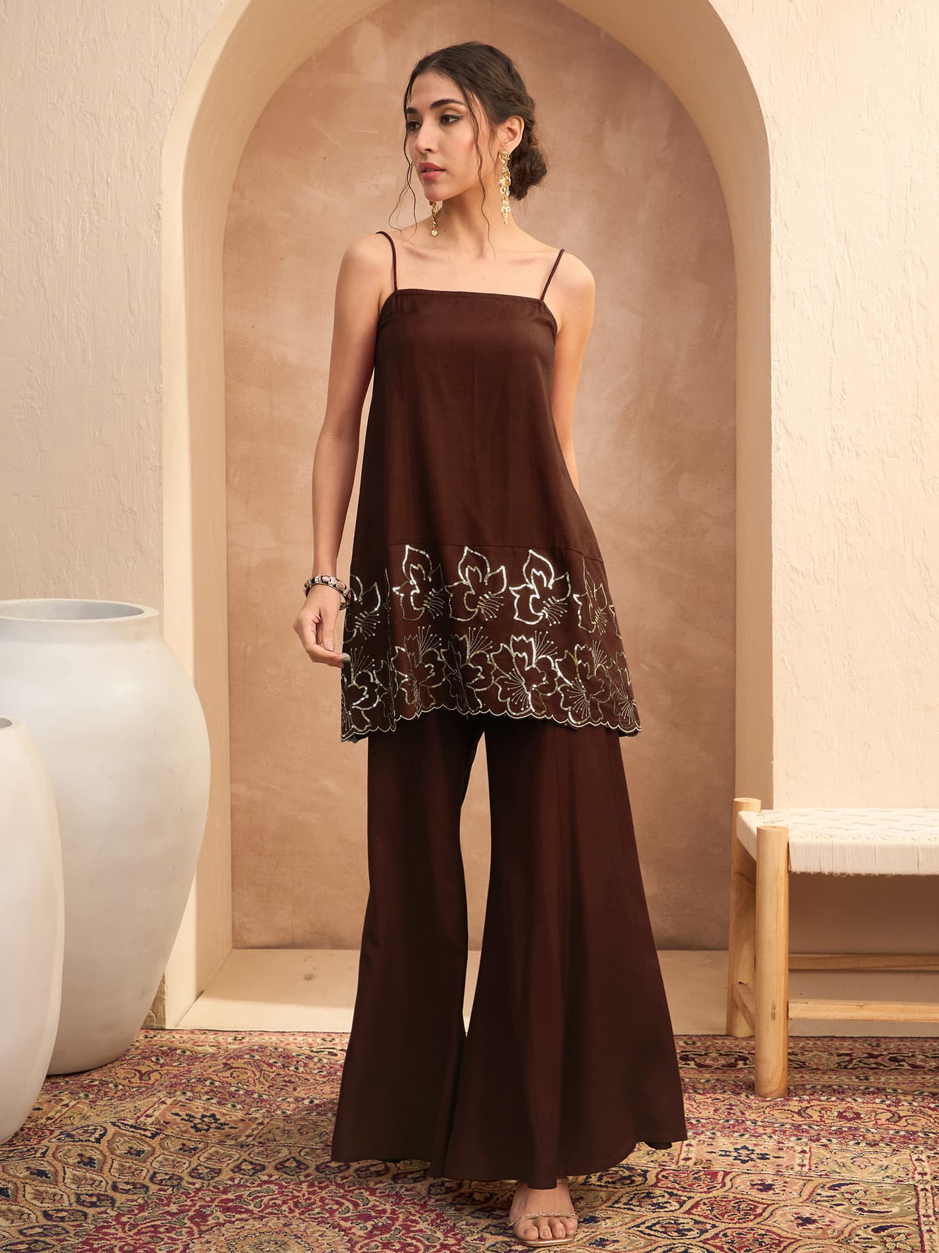Women's Brown Festive Embroidered Strappy Kurta With Palazzos