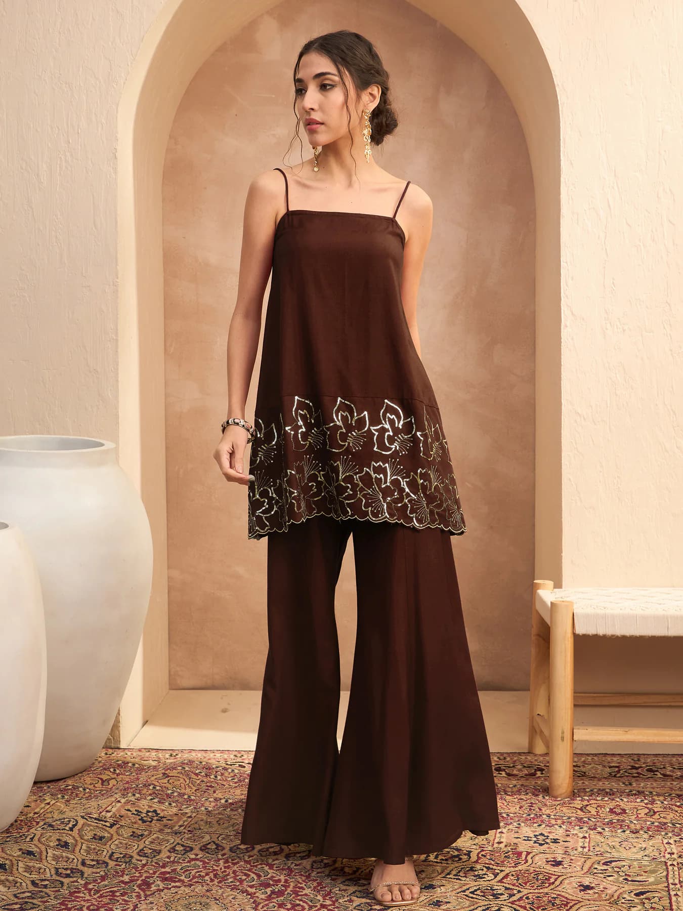 Women's Brown Festive Embroidered Strappy Kurta With Palazzos