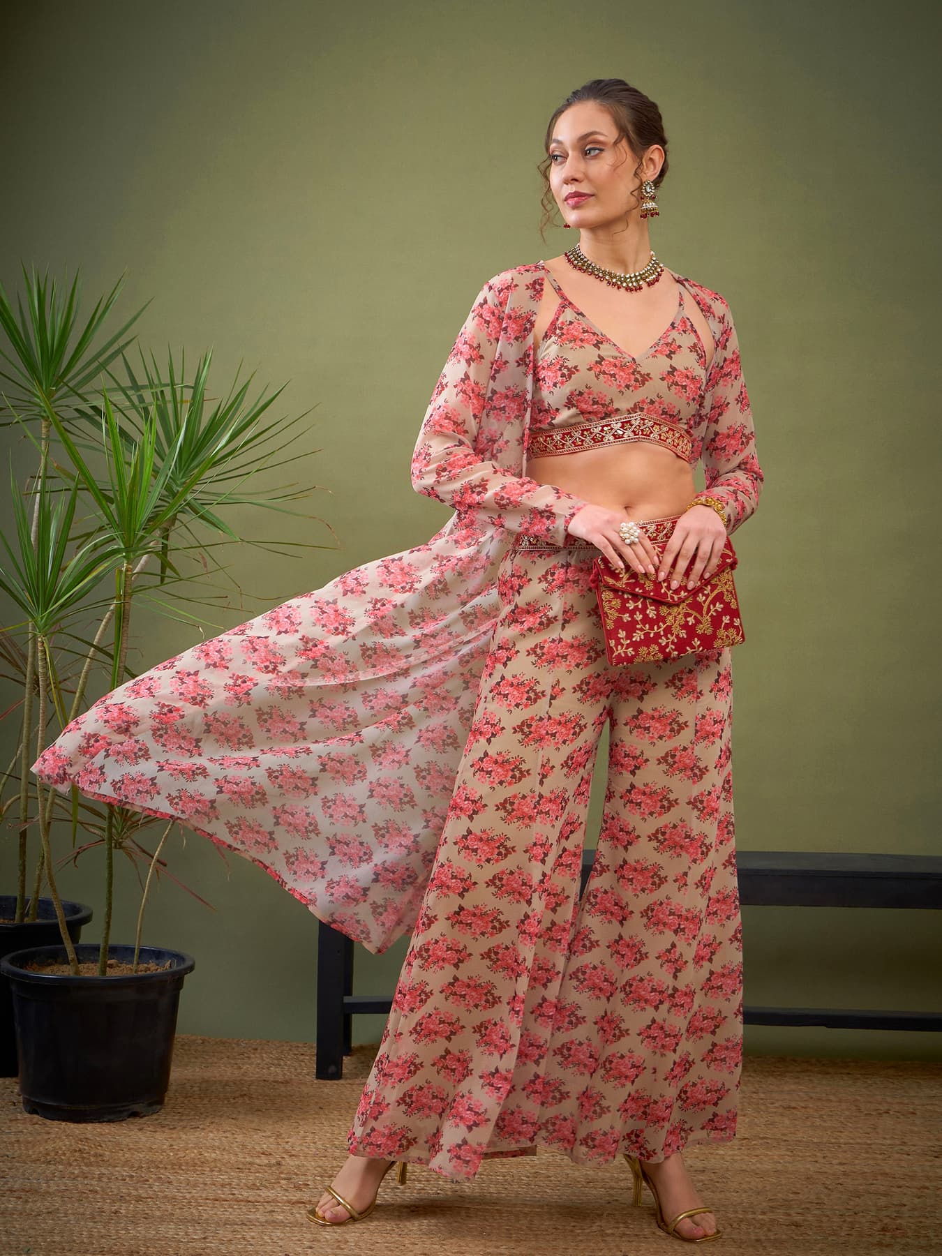 Women's Pink Festive Floral Crop Top With Pants & Shrug