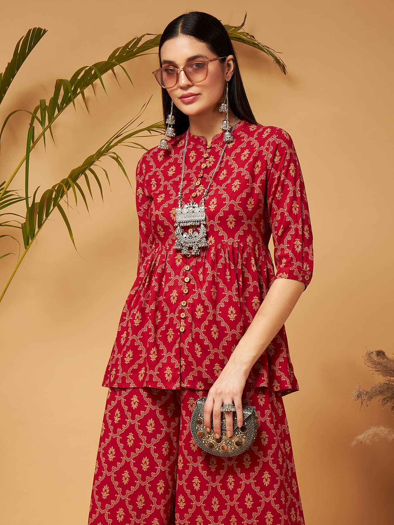 Women's Red Festive Front Button Gathered Embroidered Top