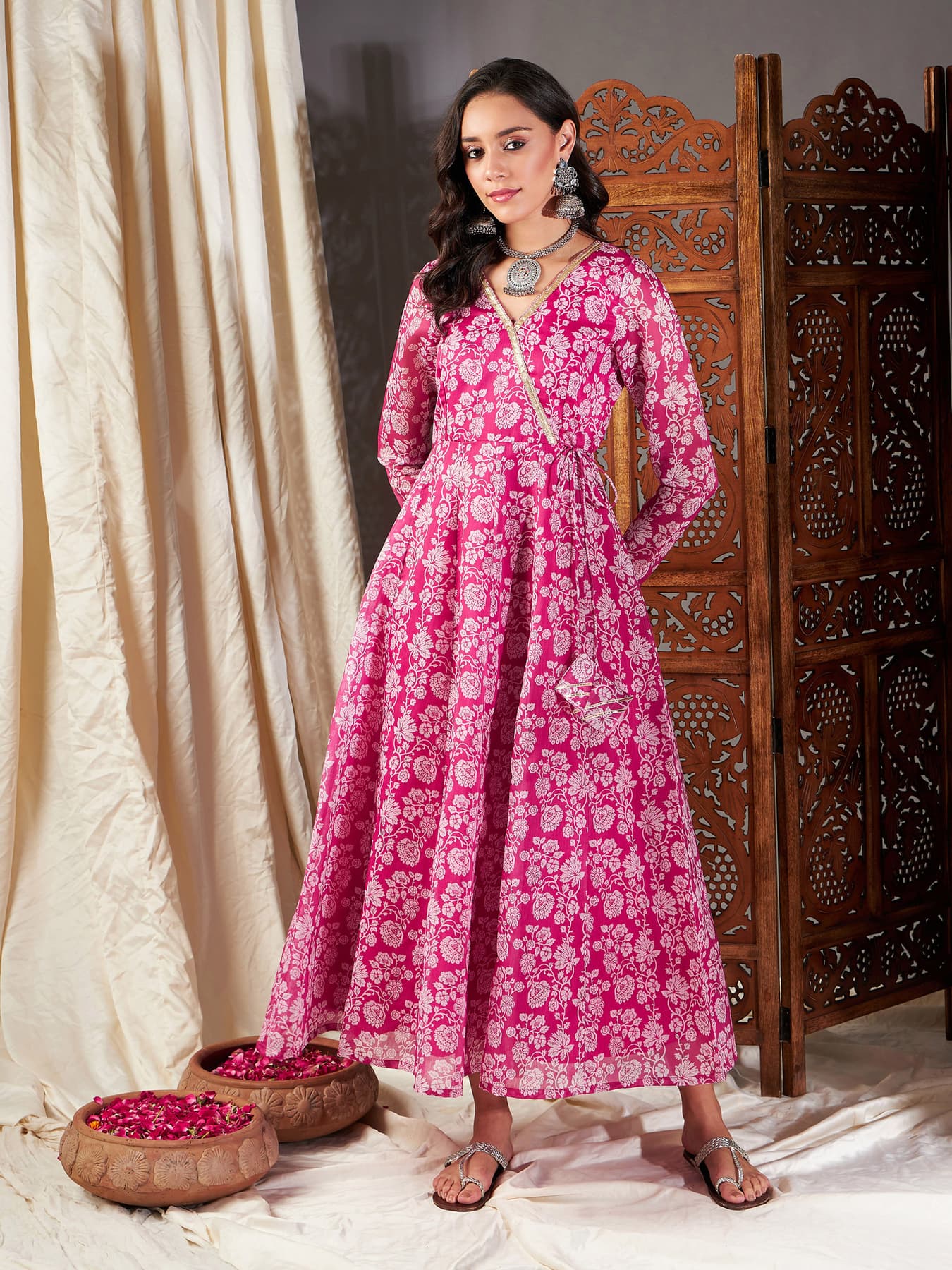 Women's Pink Festive Floral Fit & Flared Wrap Anarkali Dress