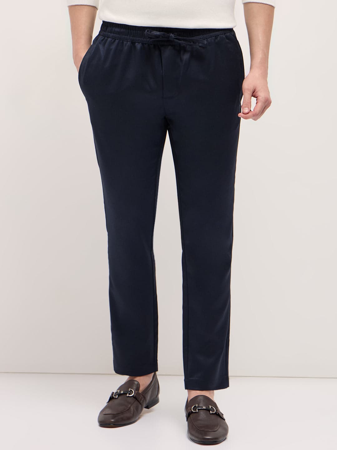 Men's Navy Slim Fit Formal Trouser with Elastic Waistband