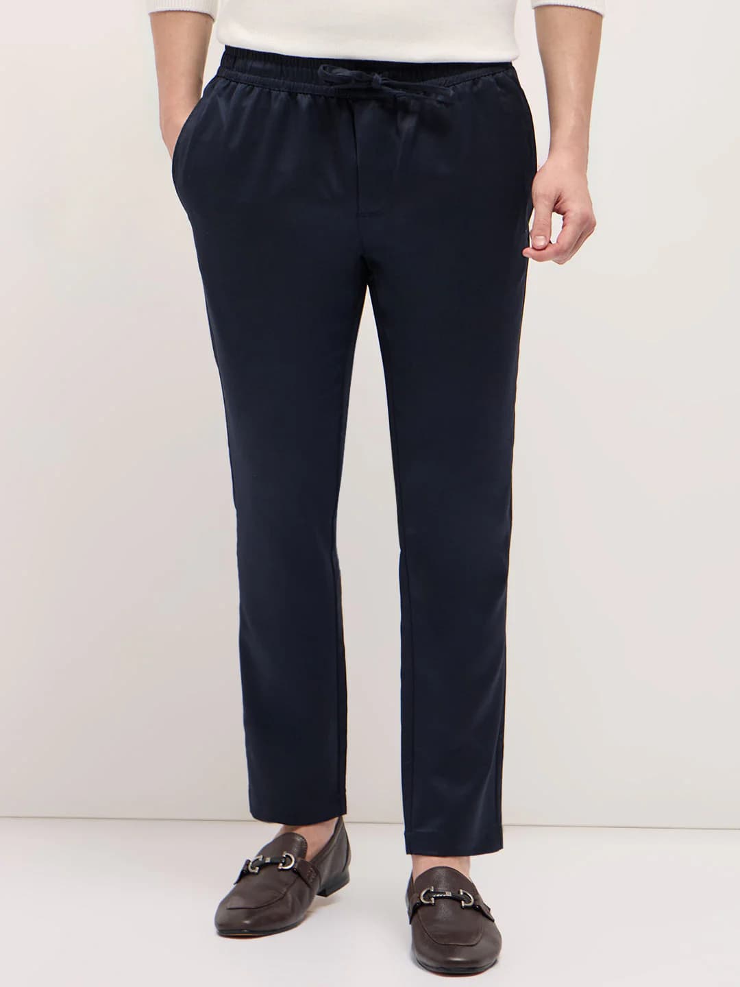 Men's Navy Slim Fit Formal Trouser with Elastic Waistband