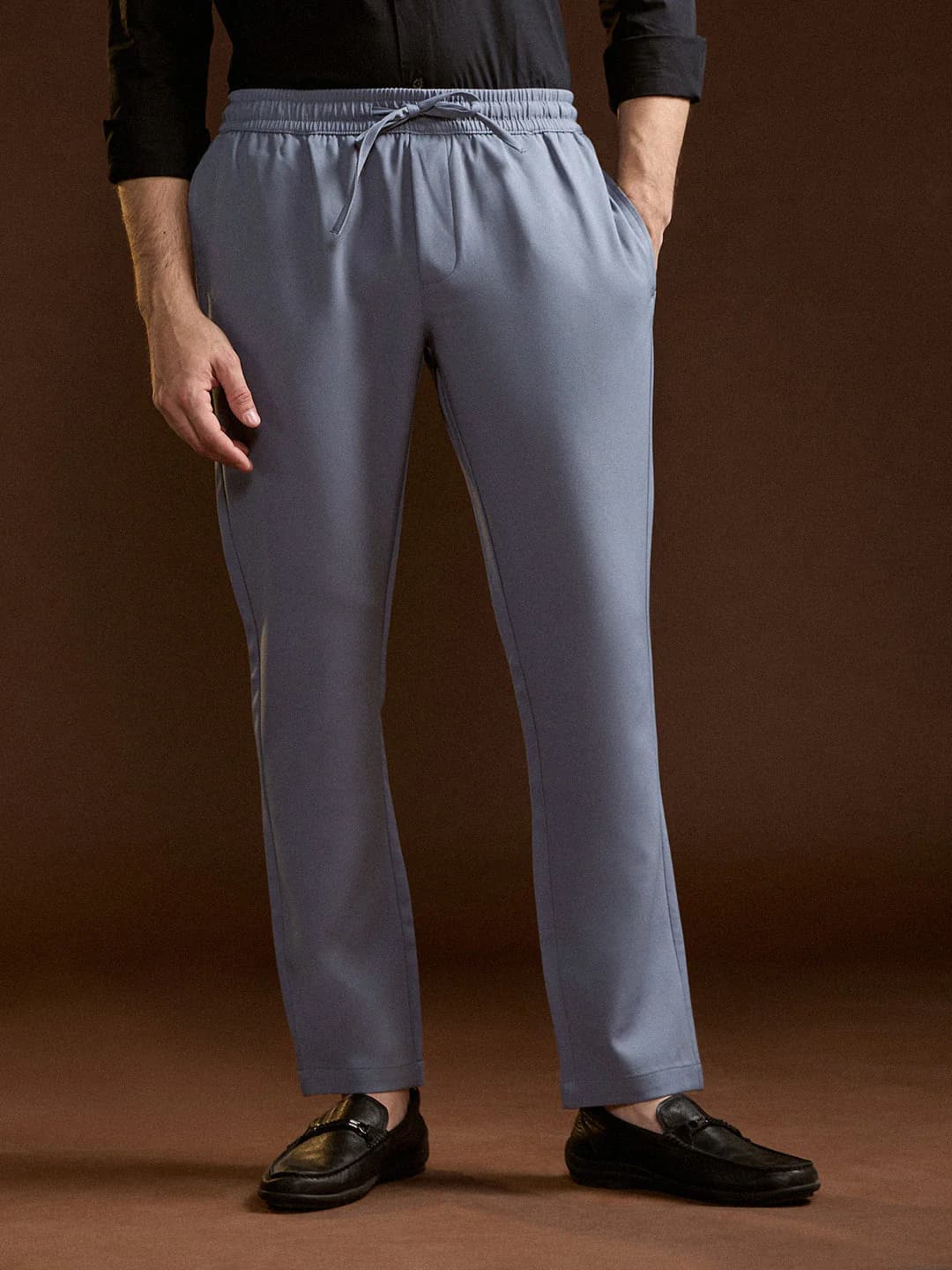 Men's Light Blue Slim Fit Formal Trouser with Elastic Waistband