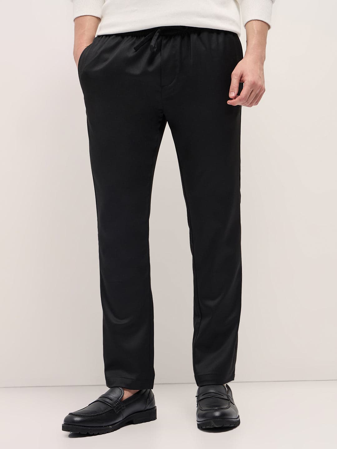 Men's Black Slim Fit Formal Trouser with Elastic Waistband