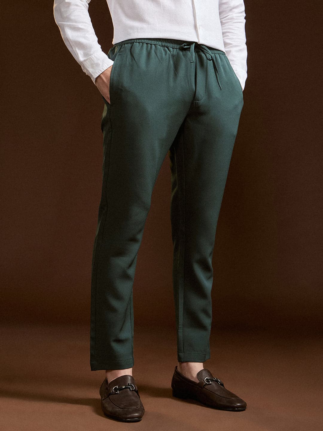 Men's Green Slim Fit Formal Trouser with Elastic Waistband