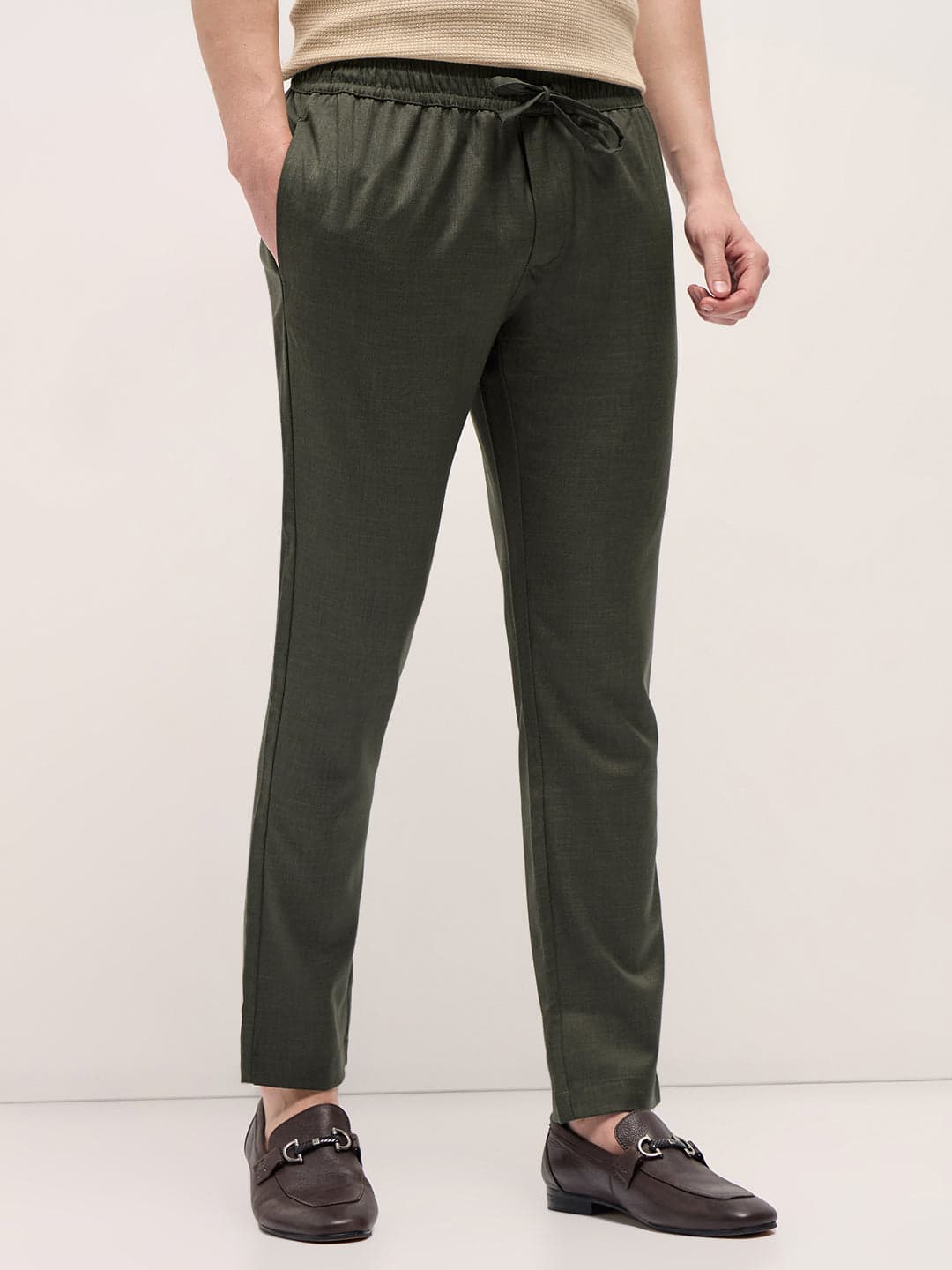 Men's Olive Green Slim Fit Formal Trouser with Elastic Waistband