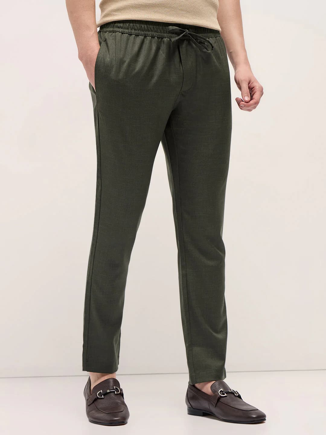 Men's Olive Green Slim Fit Formal Trouser with Elastic Waistband