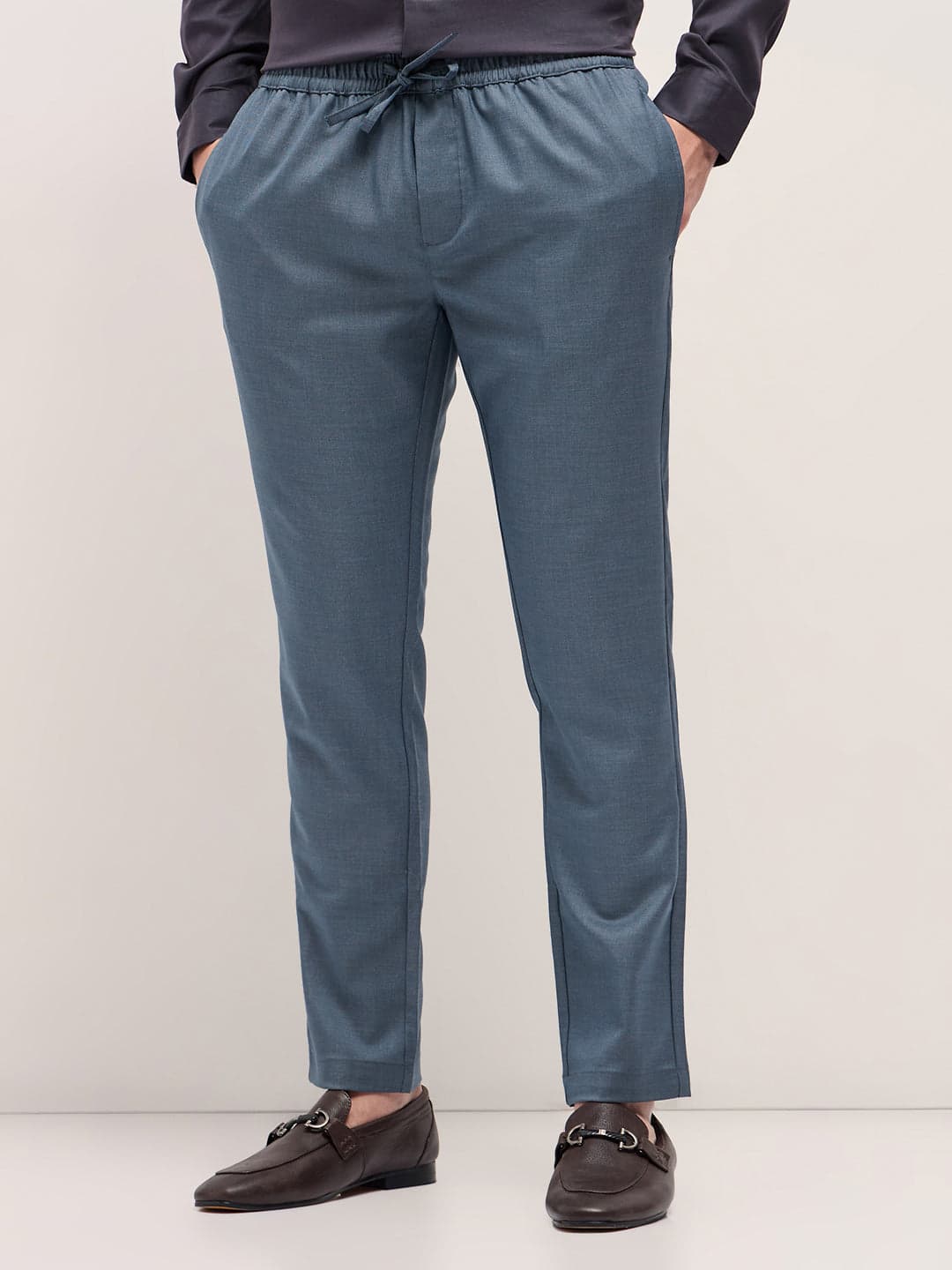Men's Steel Blue Slim Fit Formal Trouser with Elastic Waistband