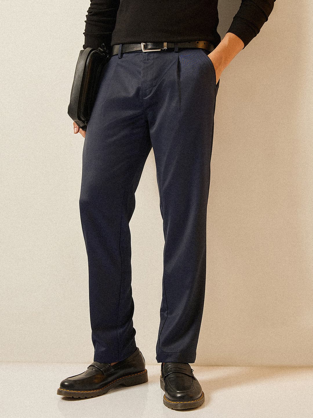 Men's Navy Solid Regular Fit Formal Trouser