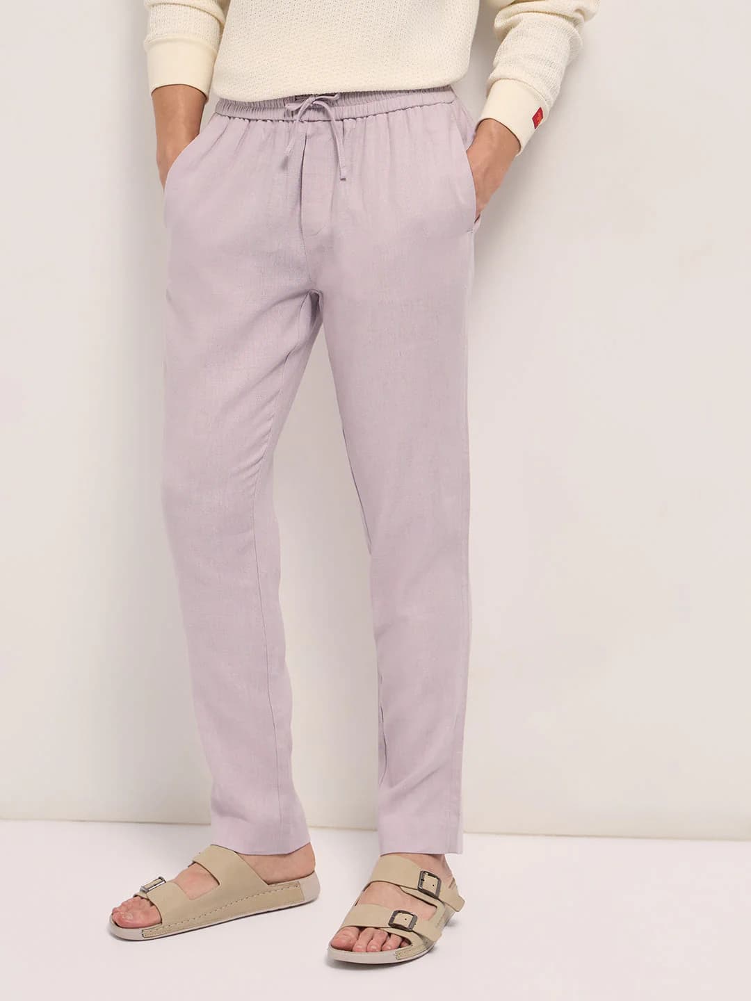 Men's Pink Solid Linen Blend Slim Fit Formal Trousers with Elastic Waistband