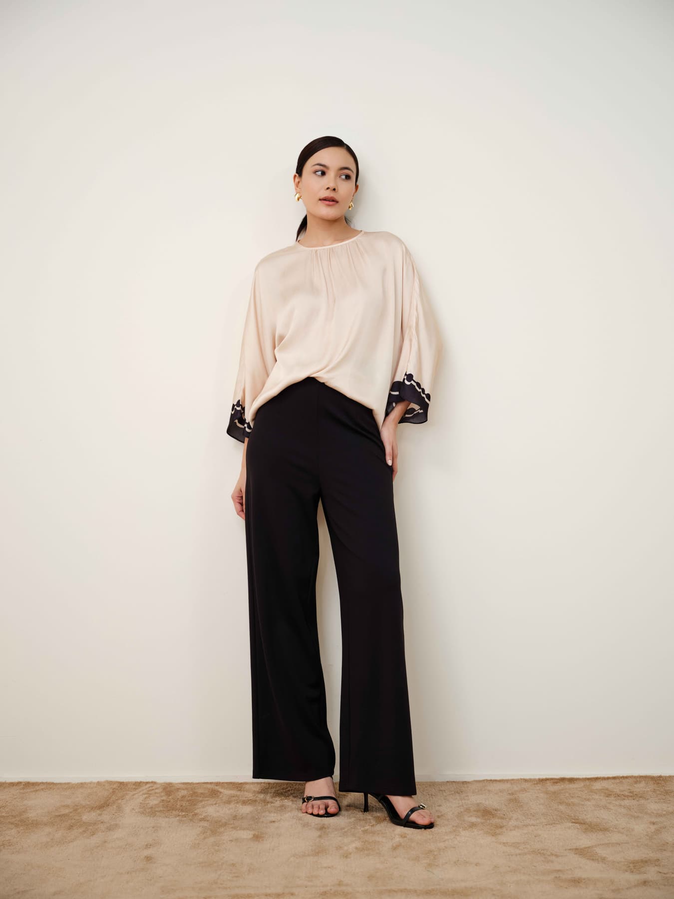 Women's Beige Casual Modal Round Neck Three-Quarter Sleeves Solid Top