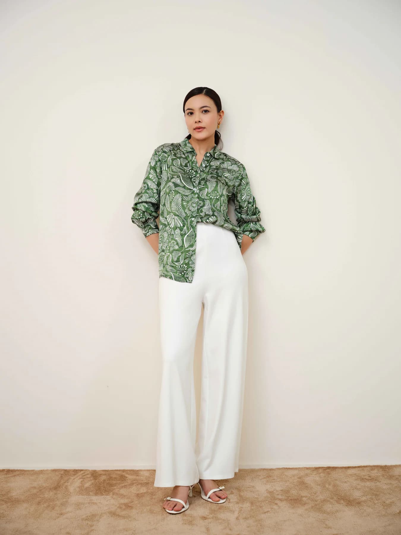 Women's Green Casual Modal Spread Collar Long Sleeves Printed Shirt