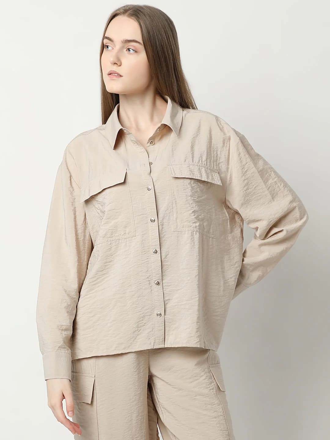 Women's Beige Casual Relaxed Fit Full Sleeves Solid Shirt
