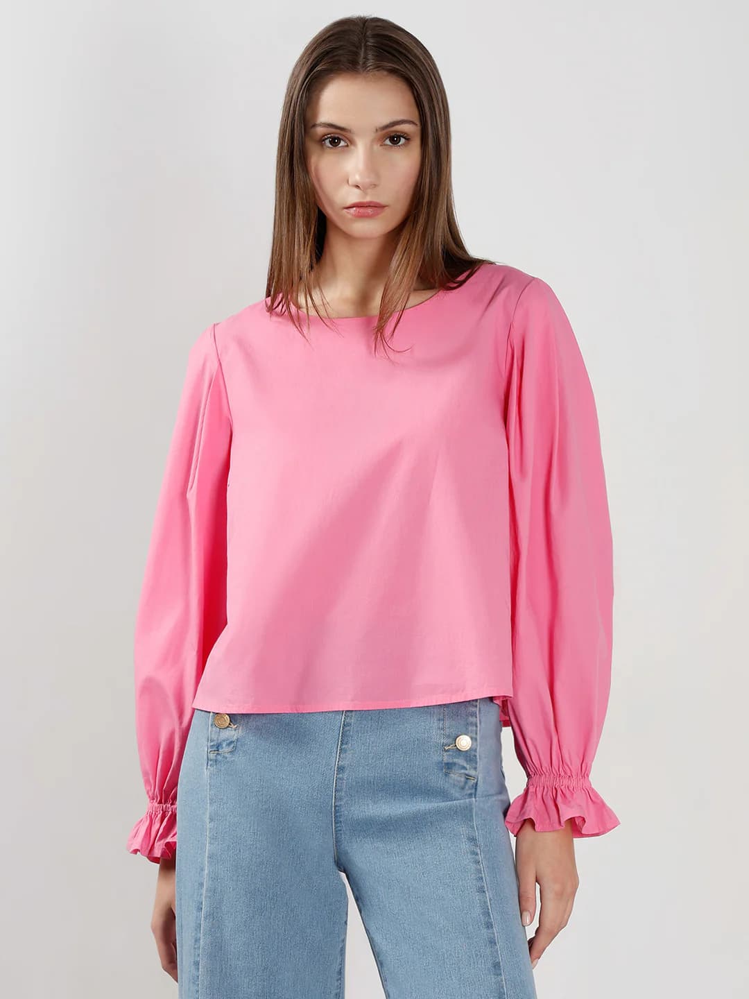 Women's Pink Casual Regular Fit Full Sleeves Solid Top