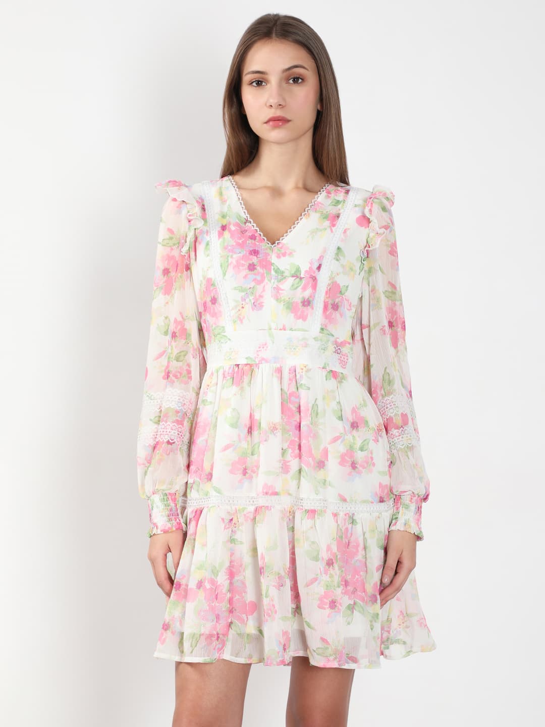 Women's White Casual Fit & Flared Full Sleeves Dress