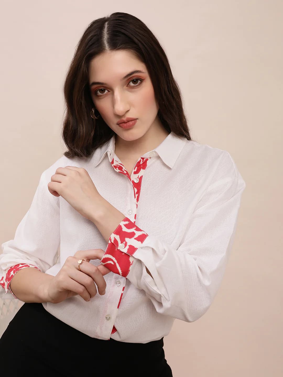 Women's Off White Casual Oversized Fit Solid Full Sleeves Shirt