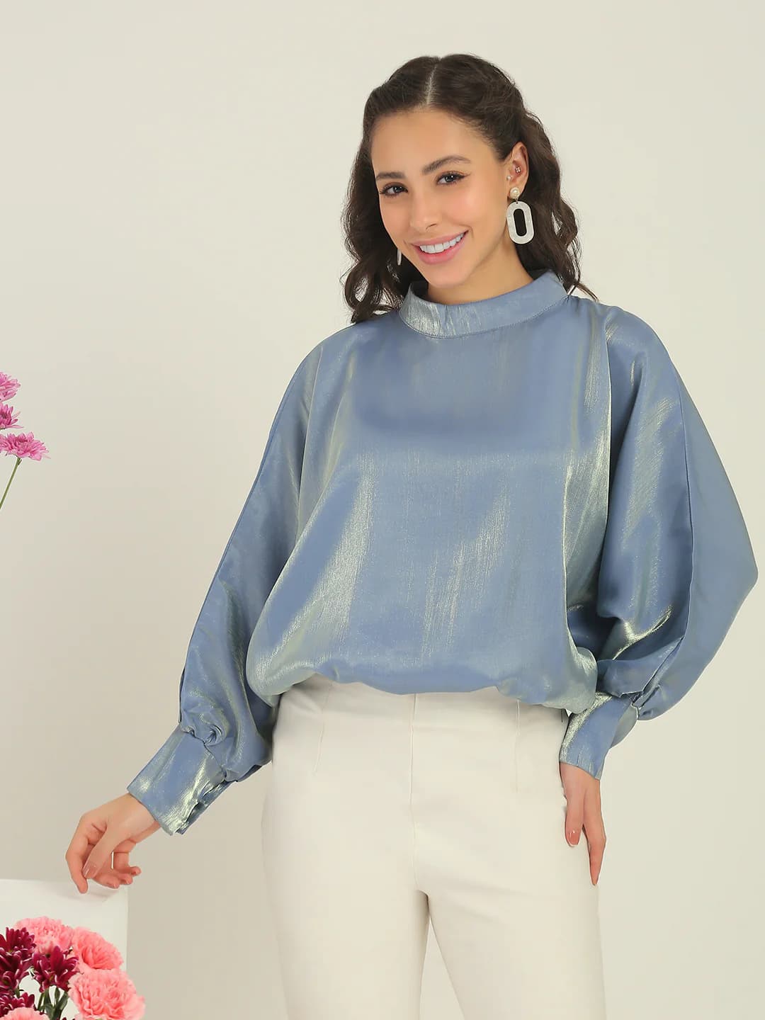 Women's Blue Party Regular Fit Self-Design Full Sleeves Top